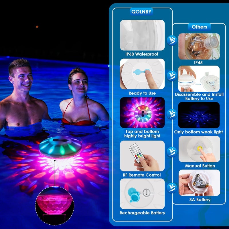 QOLNBY Floating Pool Lights, IP68 Waterproof Pool Lights, Rechargeable RGB Upper and Lower Color Changing Pool Lights with 6 Dynamic Lighting Effects, Floating Light for Pond Gardens,Party -2 Pack - Image 5